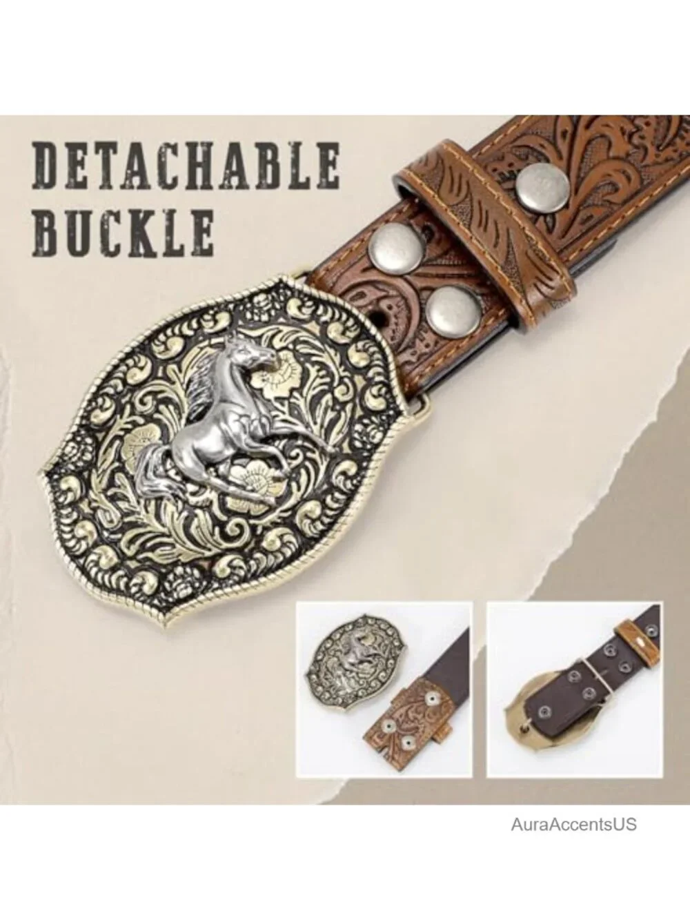 Embossed Leather Western Belt with Detachable Horse Buckle, Cowgirl Style